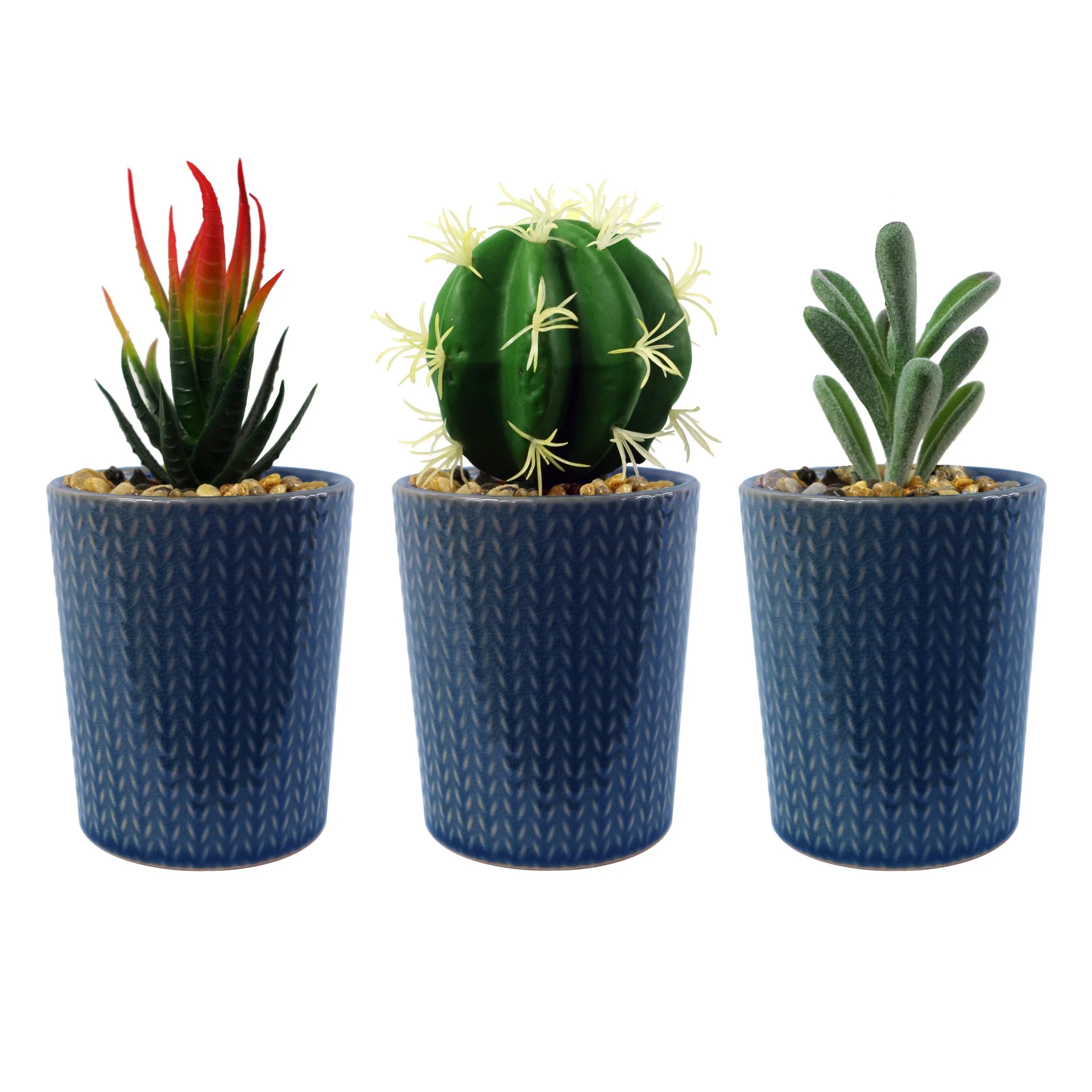 17cm Ceramic Blue Stripe Planter with Artificial Cactus - Image 2