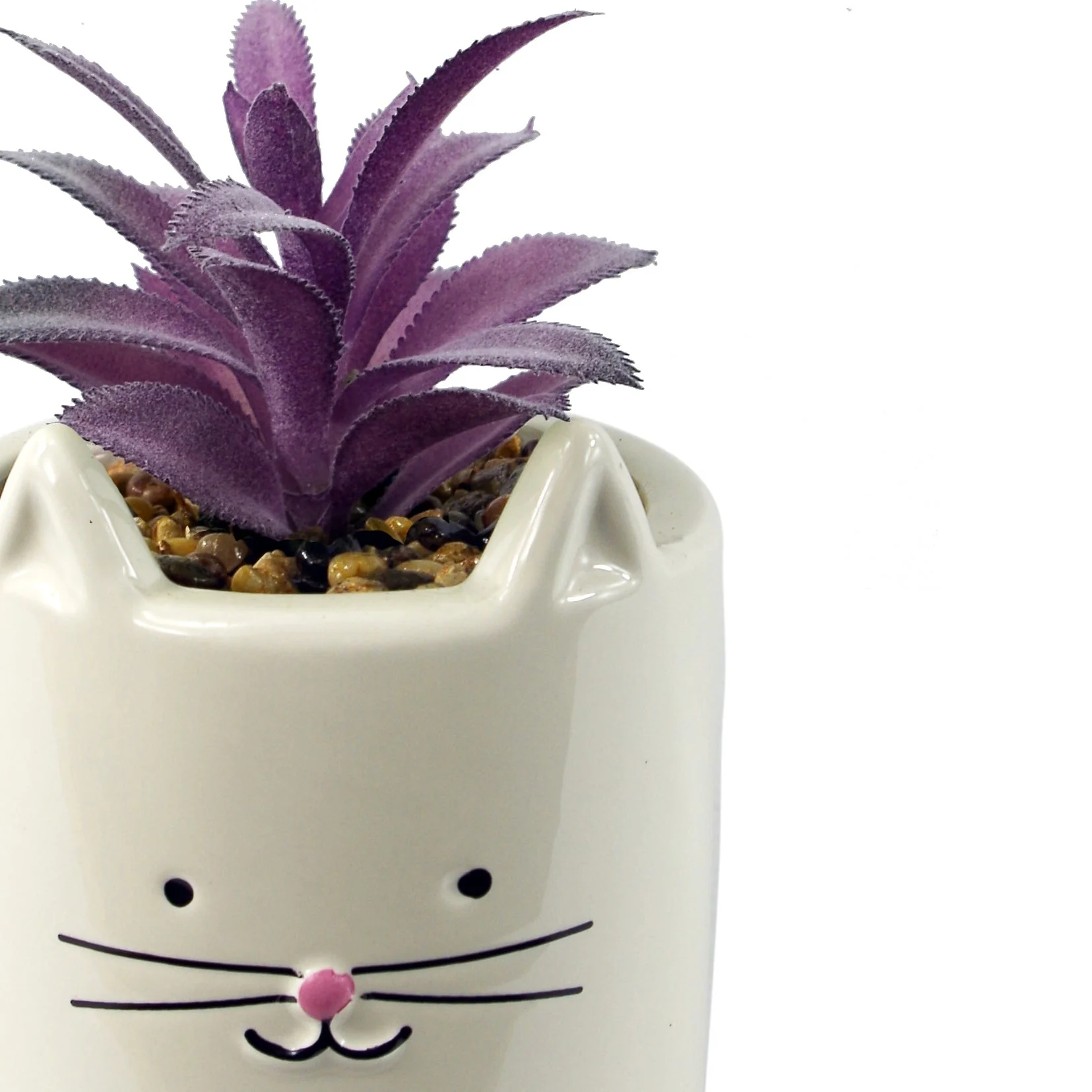 18cm Ceramic White Cat Planter with Artificial Pink and Purple Succulent Plant - Image 2