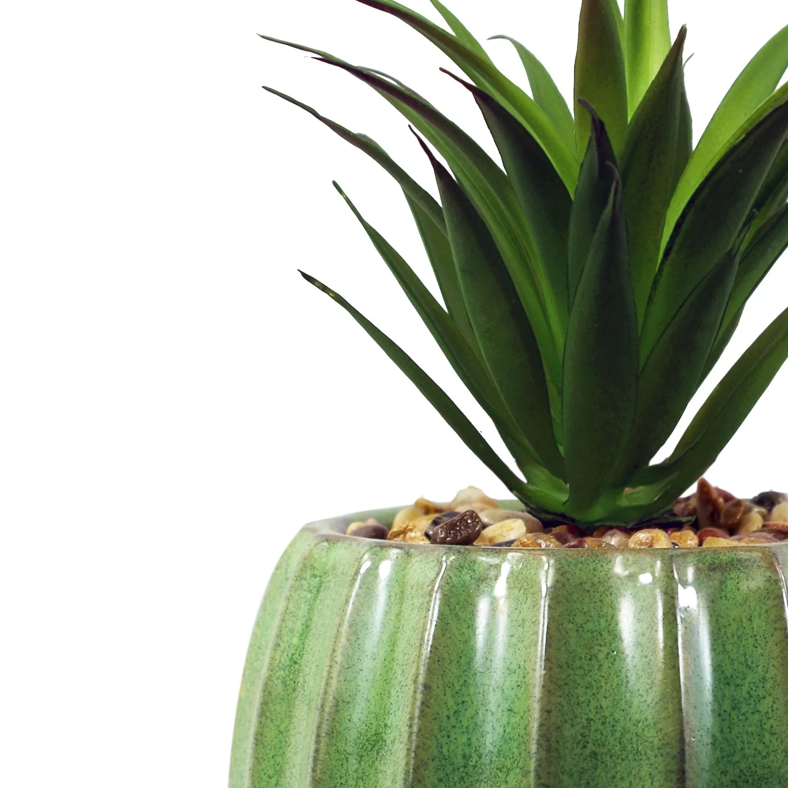 20cm Ceramic Green Glazed Barrel Planter with Artificial Green Dracaena Plant - Image 2