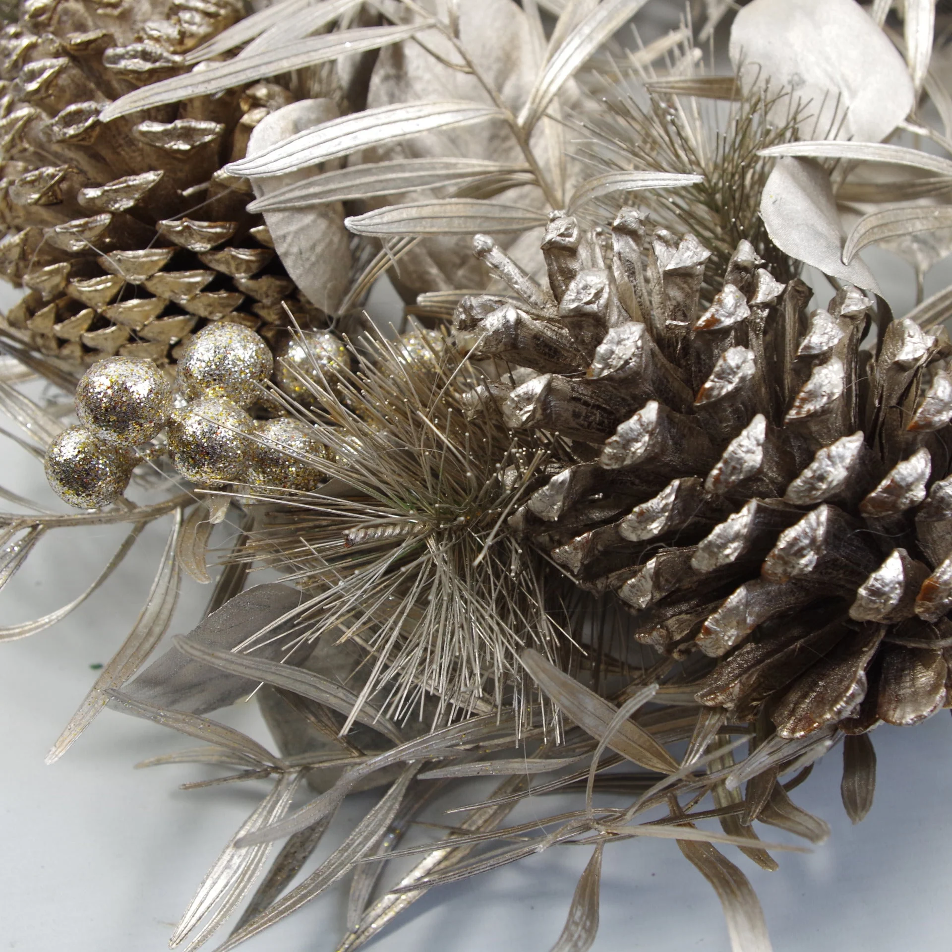 60cm (24) Large Luxury Christmas Silver Sparkle Glitter Pine Cone Foliage Floristry Wreath - Image 3
