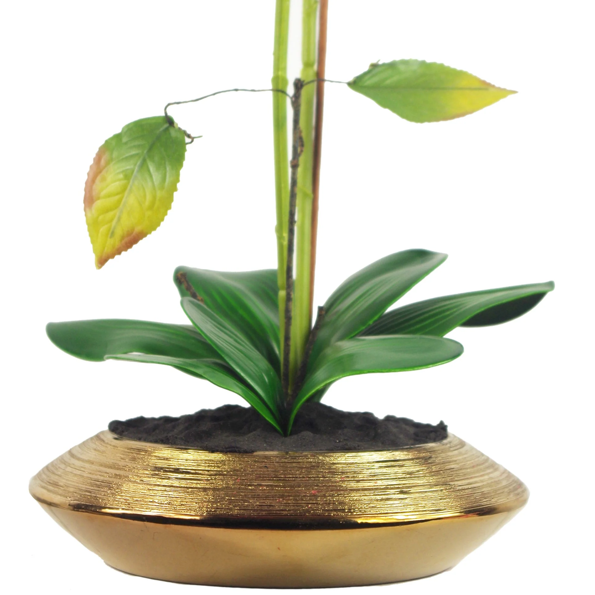 70cm Artificial Orchid Dark Pink with Gold Dish Ceramic Planter - Image 2