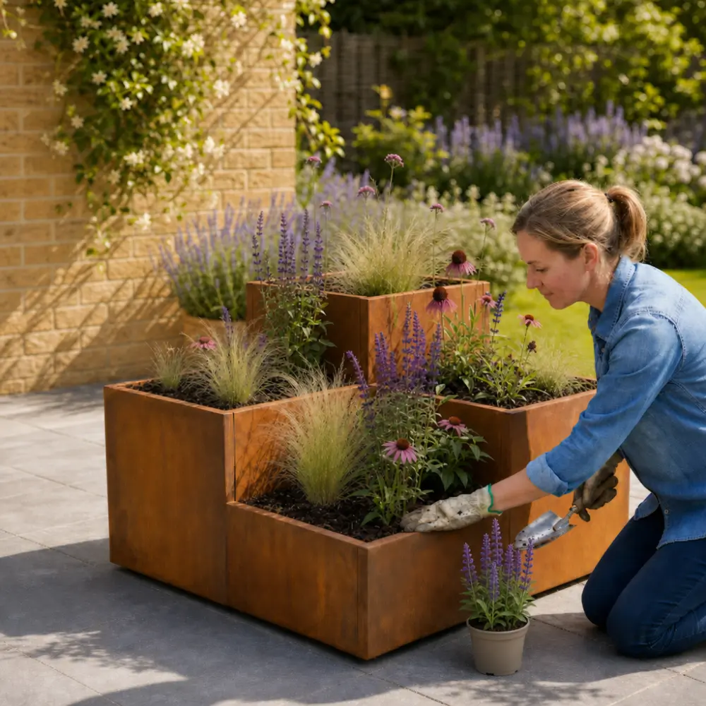 Corten Steel Tiered Corner Planter Raised Bed with Base & Feet - Image 10