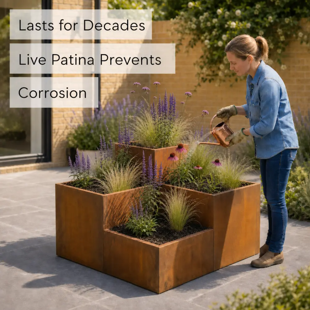 Corten Steel Tiered Corner Planter Raised Bed with Base & Feet - Image 5