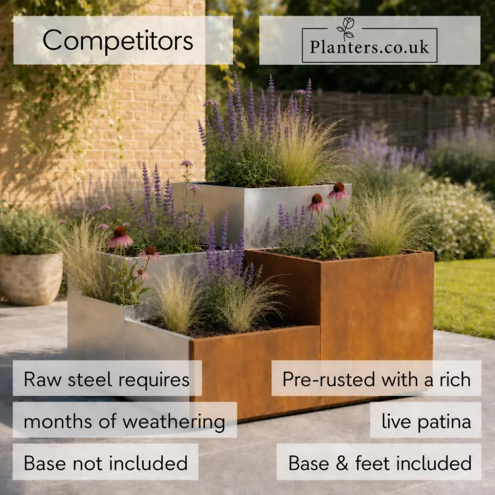 Corten Steel Tiered Corner Planter Raised Bed with Base & Feet - Image 8