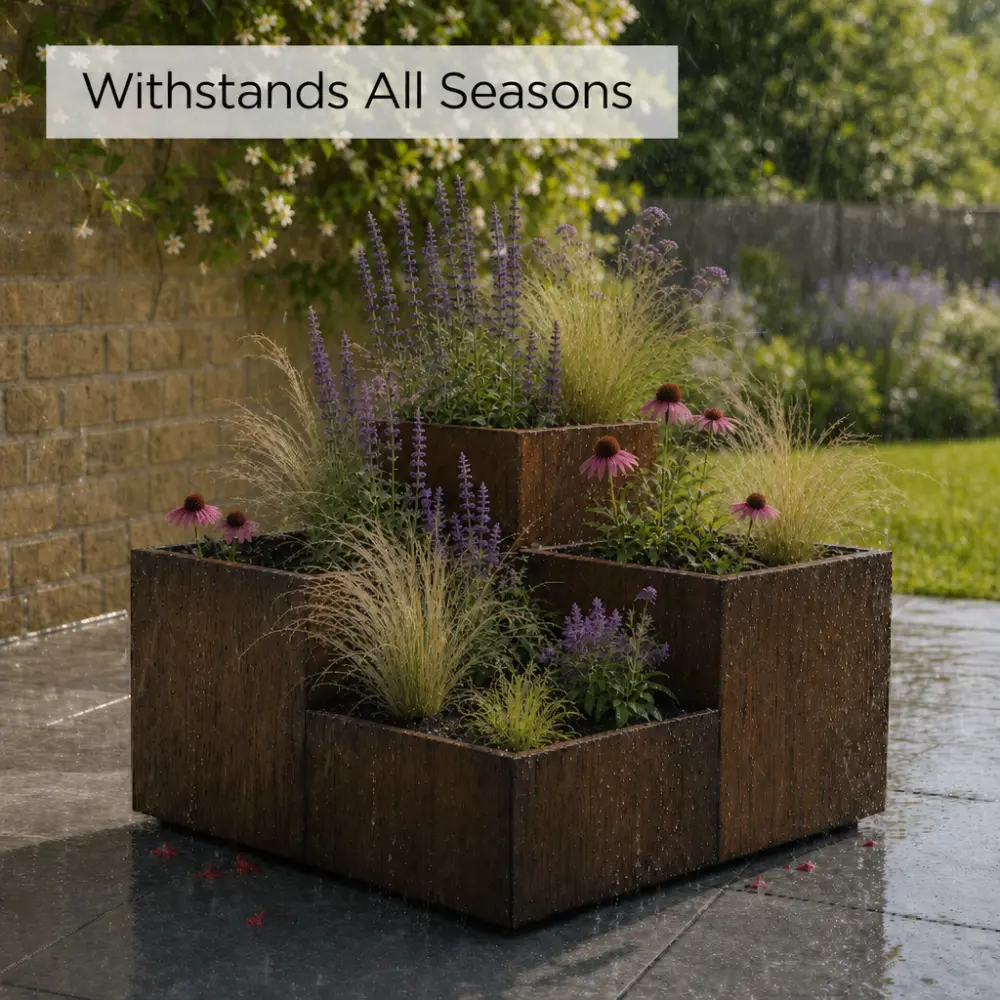 Corten Steel Tiered Corner Planter Raised Bed with Base & Feet - Image 9