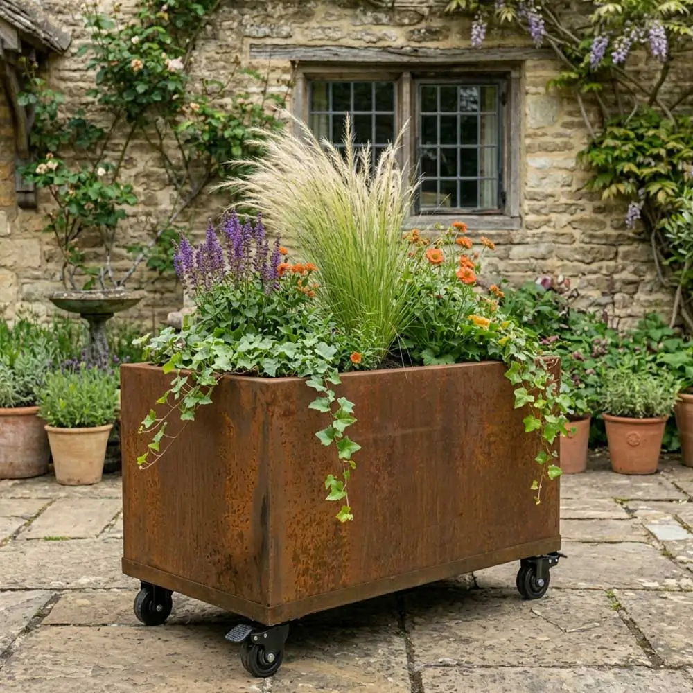 Corten Steel Wheel base for 1m Trough Planter 100cm(L) x 40cm(H) x 40cm(W) - Image 2