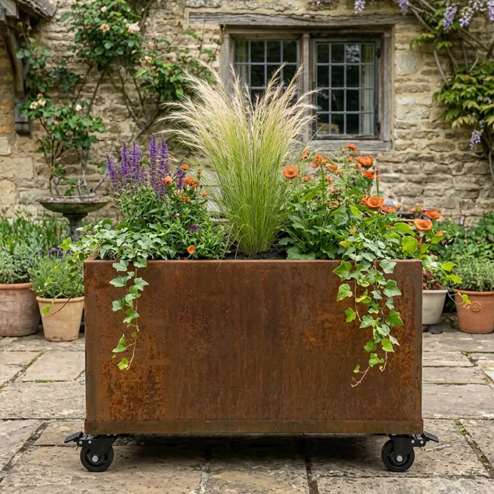 Corten Steel Wheel base for 1m Trough Planter 100cm(L) x 40cm(H) x 40cm(W) - Image 3