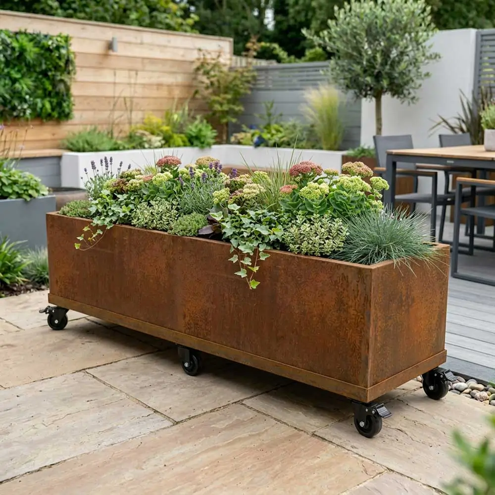 Corten Steel Wheel base for 2m Trough Planter 200cm(L) x 50cm(H) x 50cm(W) - Image 2