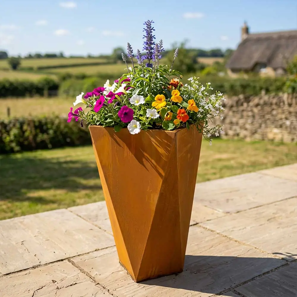 Pre-Rusted Corten Steel Tall Geometric Planter with Feet - Image 10
