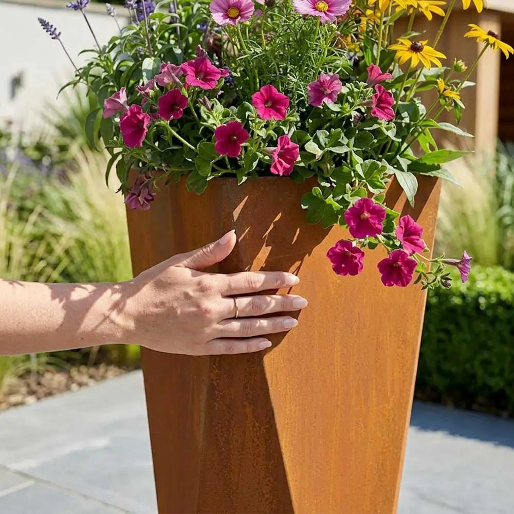Pre-Rusted Corten Steel Tall Geometric Planter with Feet - Image 20