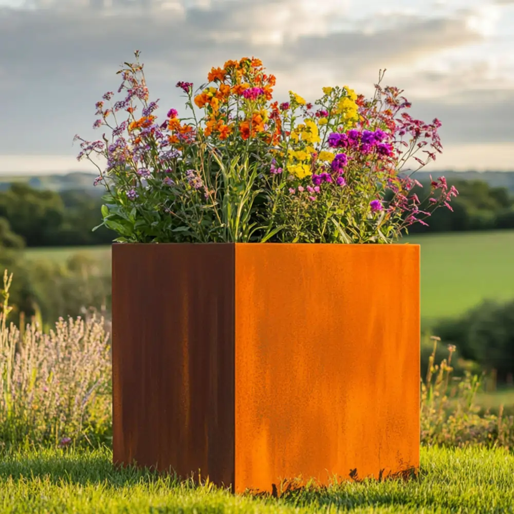 Pre-Rusted Corten Steel Straight Edge Cube Planter with Feet