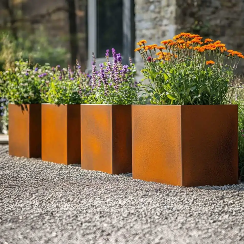Pre-Rusted Corten Steel Straight Edge Cube Planter with Feet - Image 11
