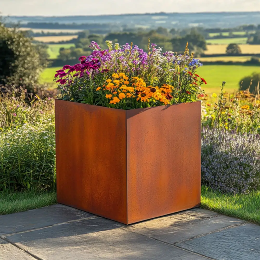 Pre-Rusted Corten Steel Straight Edge Cube Planter with Feet - Image 12
