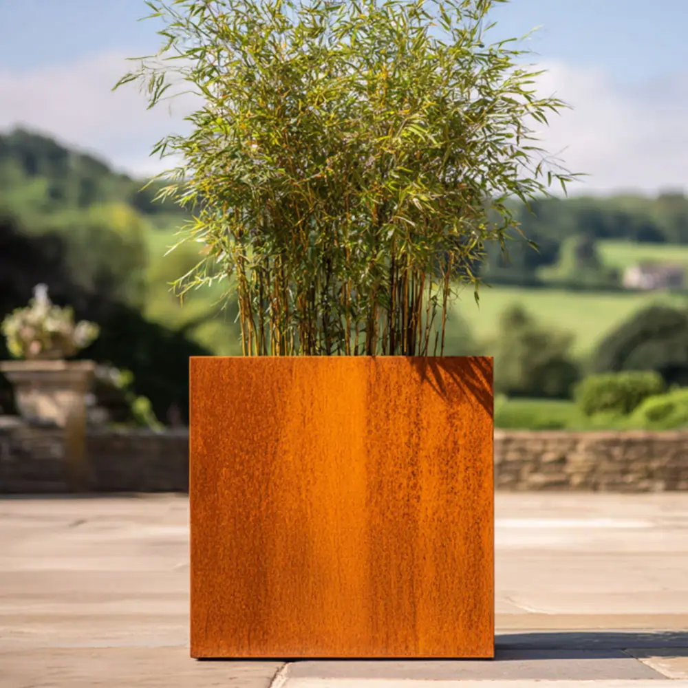 Pre-Rusted Corten Steel Straight Edge Cube Planter with Feet - Image 14