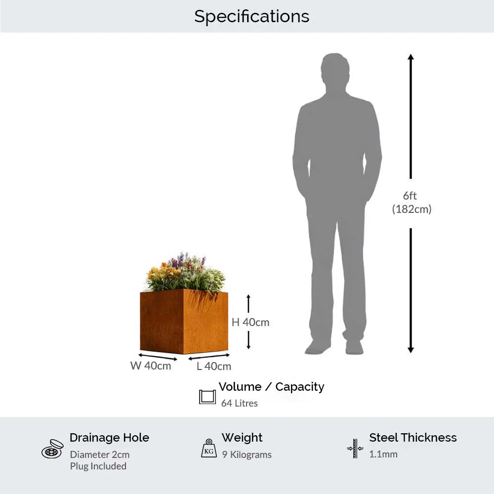 Pre-Rusted Corten Steel Straight Edge Cube Planter with Feet - Image 3