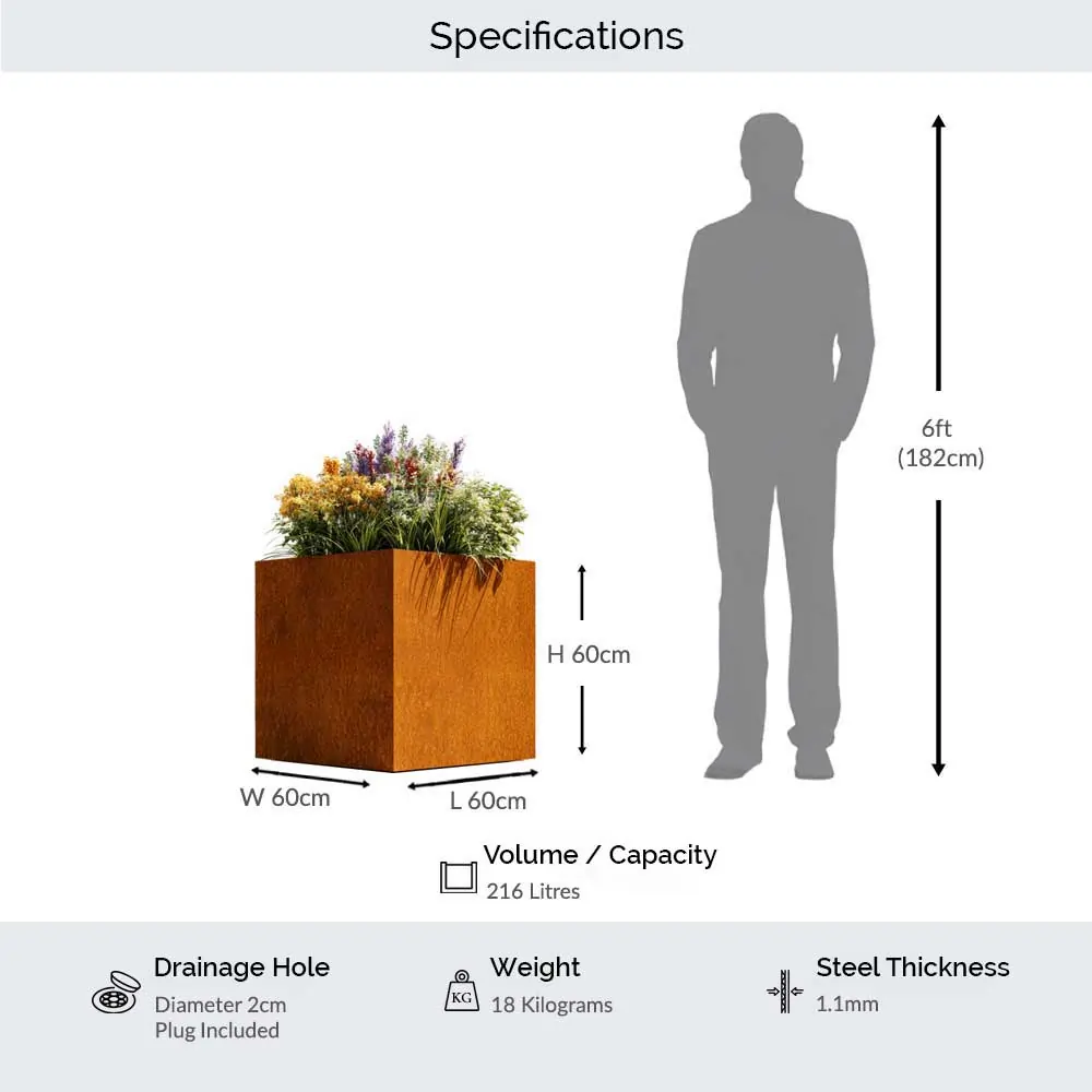 Pre-Rusted Corten Steel Straight Edge Cube Planter with Feet - Image 5