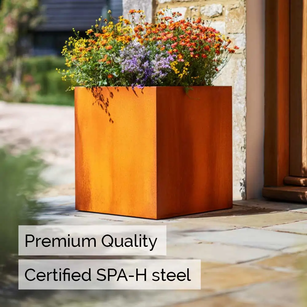 Pre-Rusted Corten Steel Straight Edge Cube Planter with Feet - Image 6