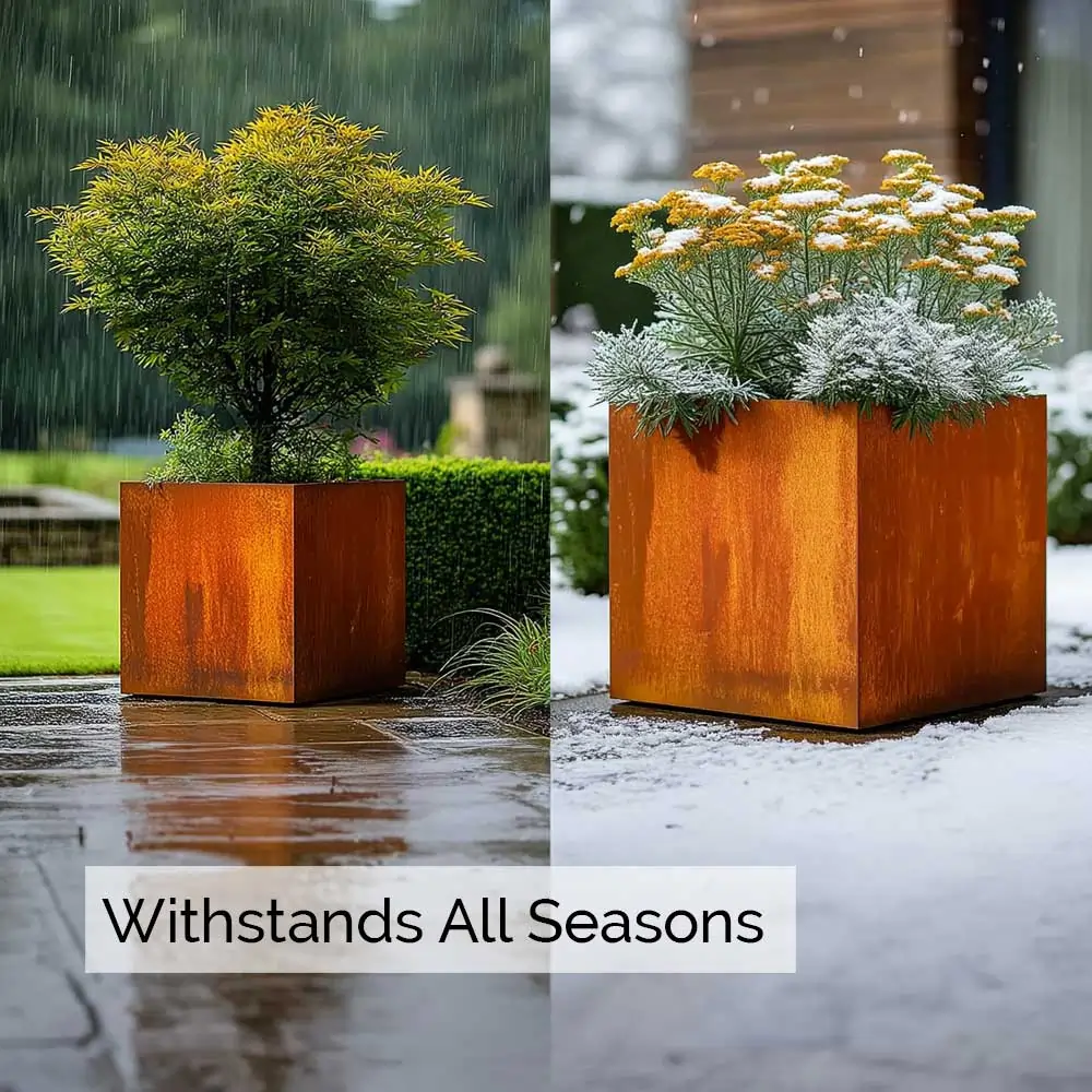 Pre-Rusted Corten Steel Straight Edge Cube Planter with Feet - Image 7