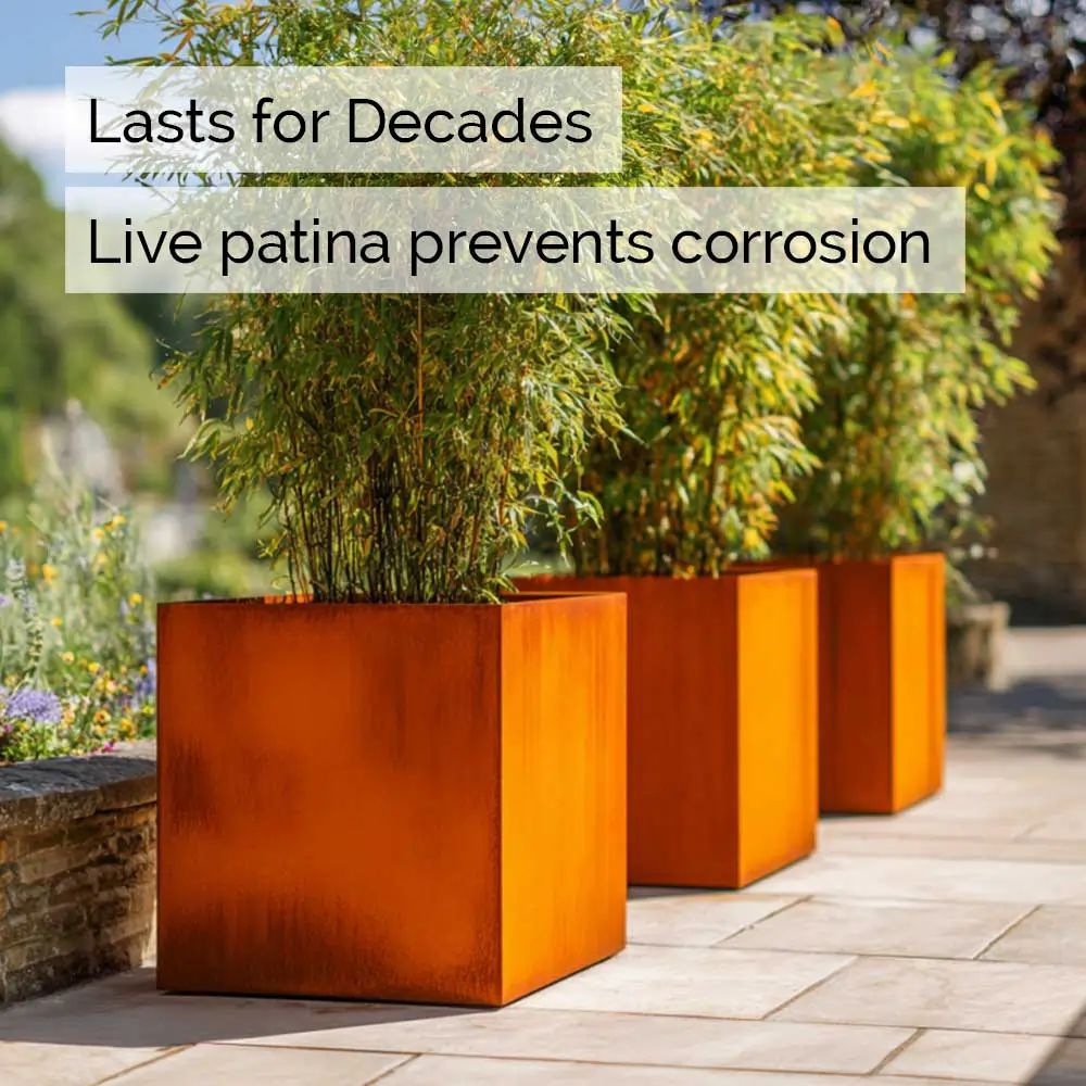 Pre-Rusted Corten Steel Straight Edge Cube Planter with Feet - Image 8