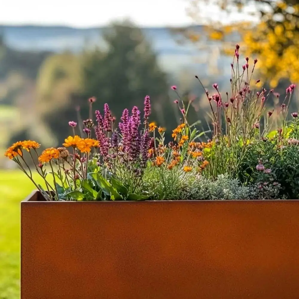Pre-Rusted Corten Steel Straight Edge Long Trough Planter with Feet - Image 13