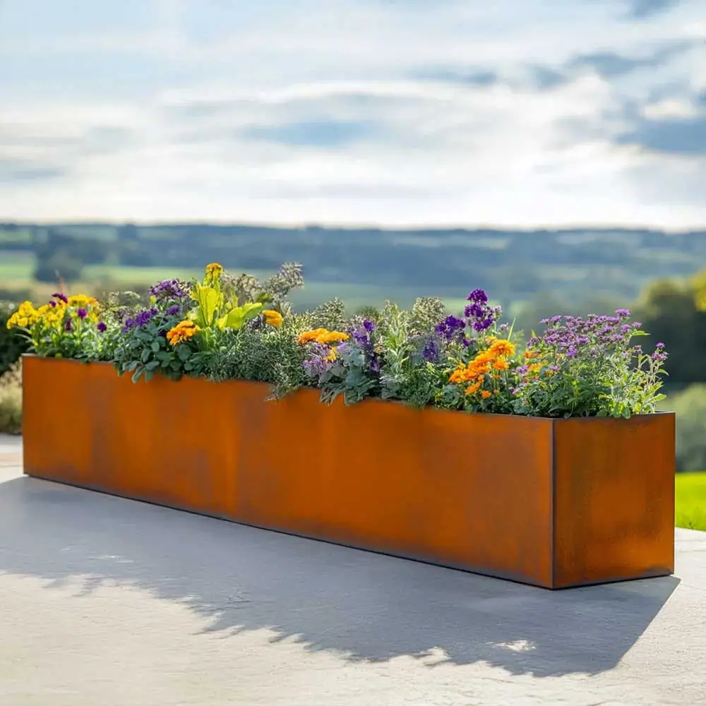 Pre-Rusted Corten Steel Straight Edge Long Trough Planter with Feet - Image 14