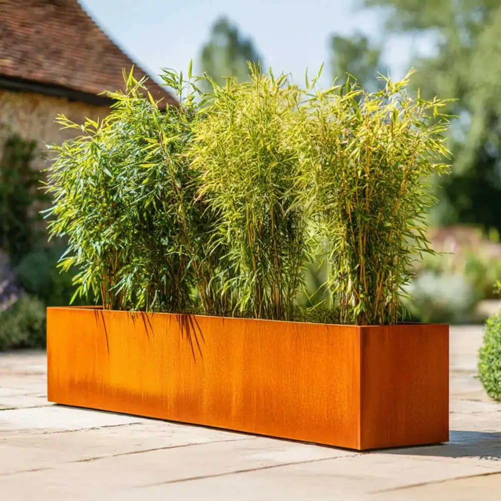 Pre-Rusted Corten Steel Straight Edge Long Trough Planter with Feet - Image 15