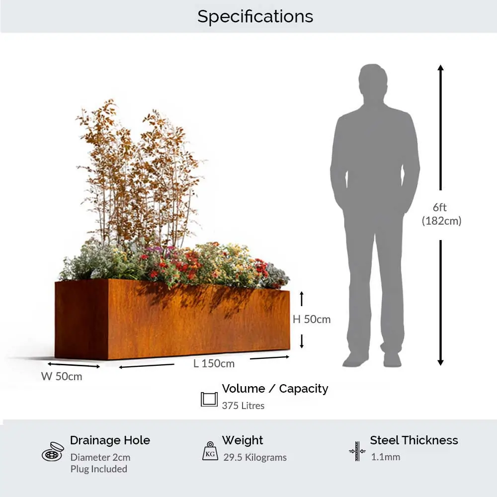 Pre-Rusted Corten Steel Straight Edge Long Trough Planter with Feet - Image 16