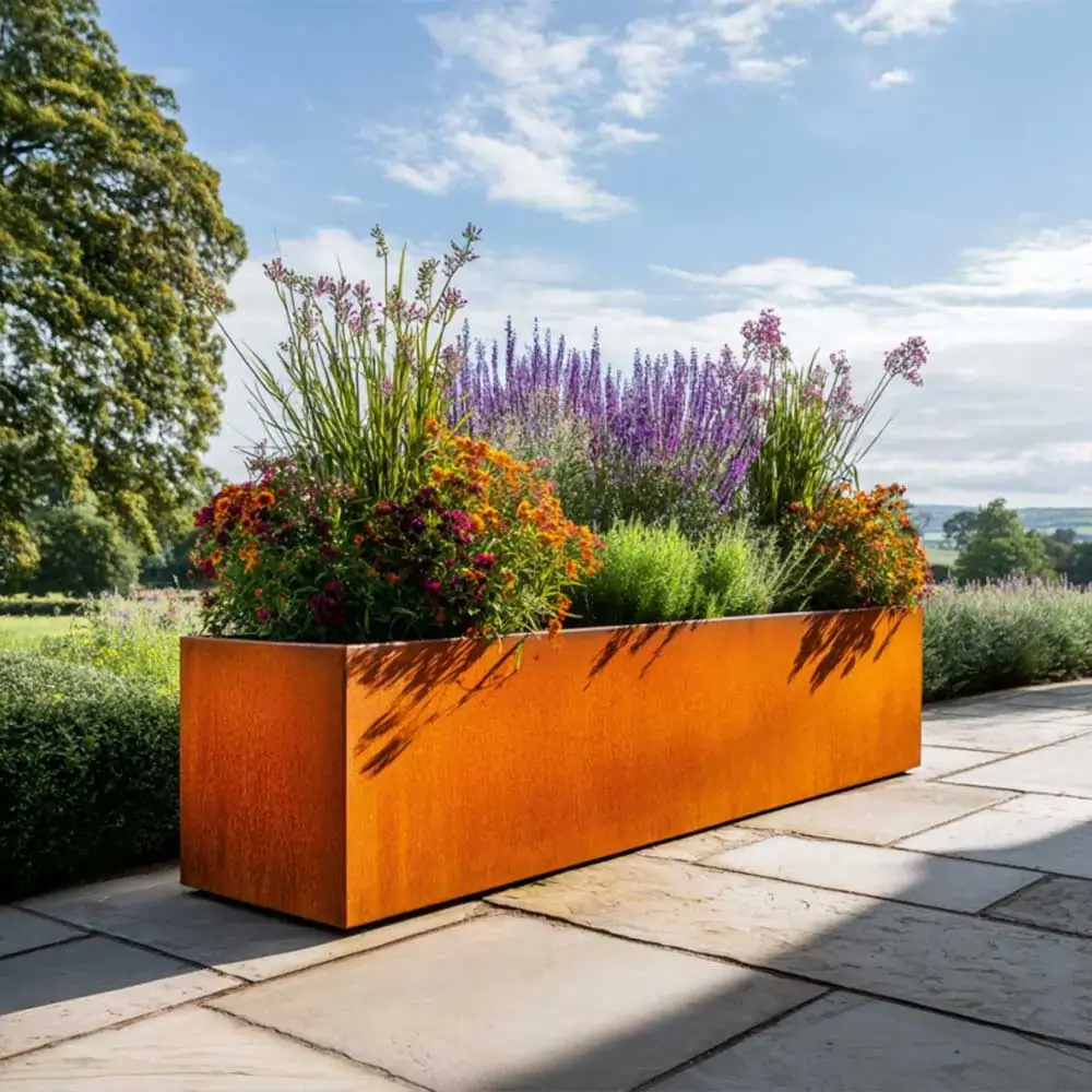 Pre-Rusted Corten Steel Straight Edge Long Trough Planter with Feet - Image 17