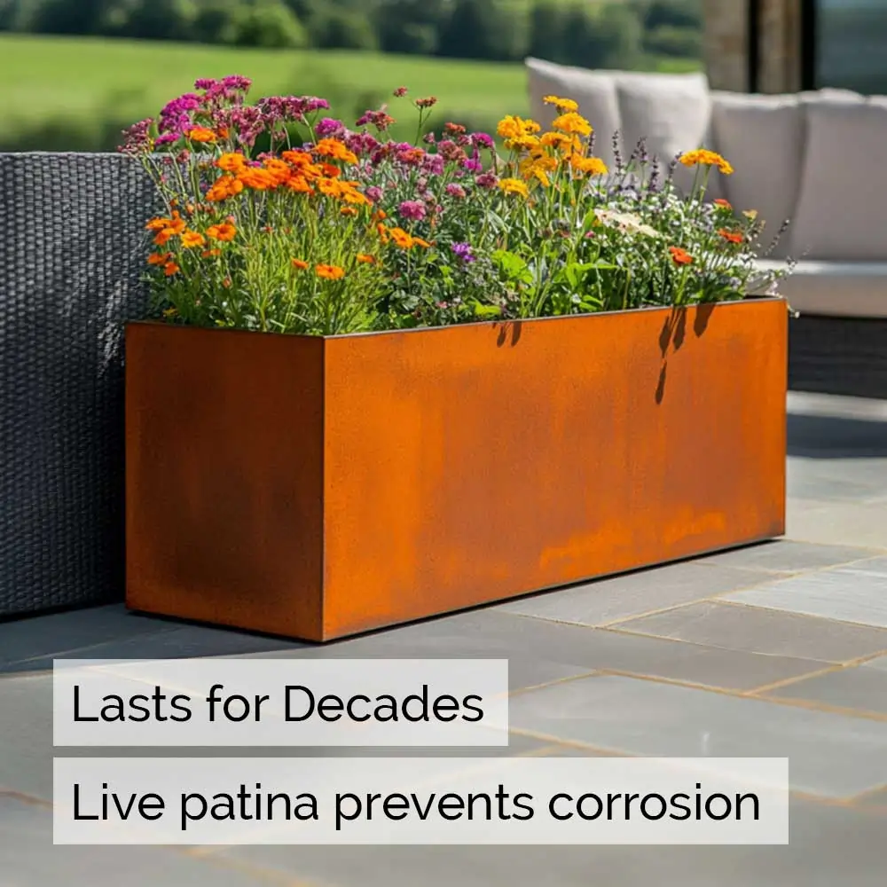 Pre-Rusted Corten Steel Straight Edge Long Trough Planter with Feet - Image 19