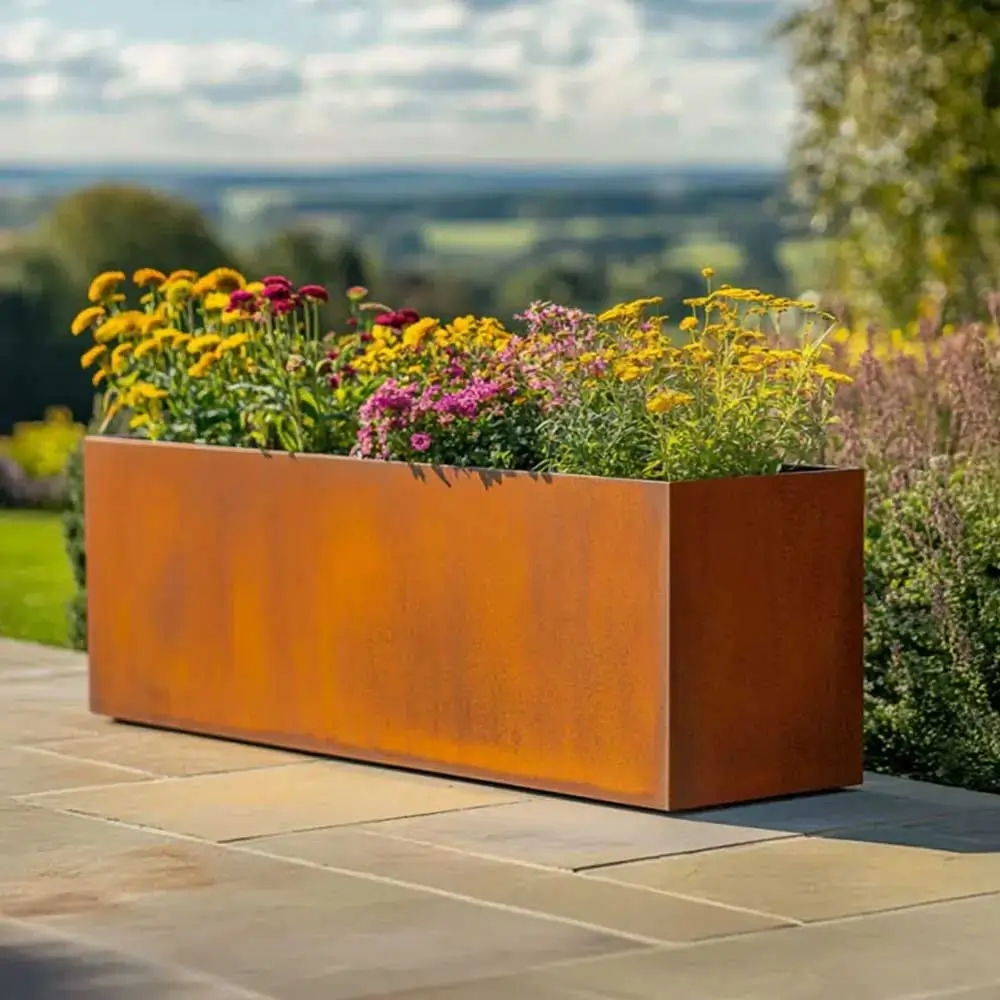 Pre-Rusted Corten Steel Straight Edge Long Trough Planter with Feet - Image 22