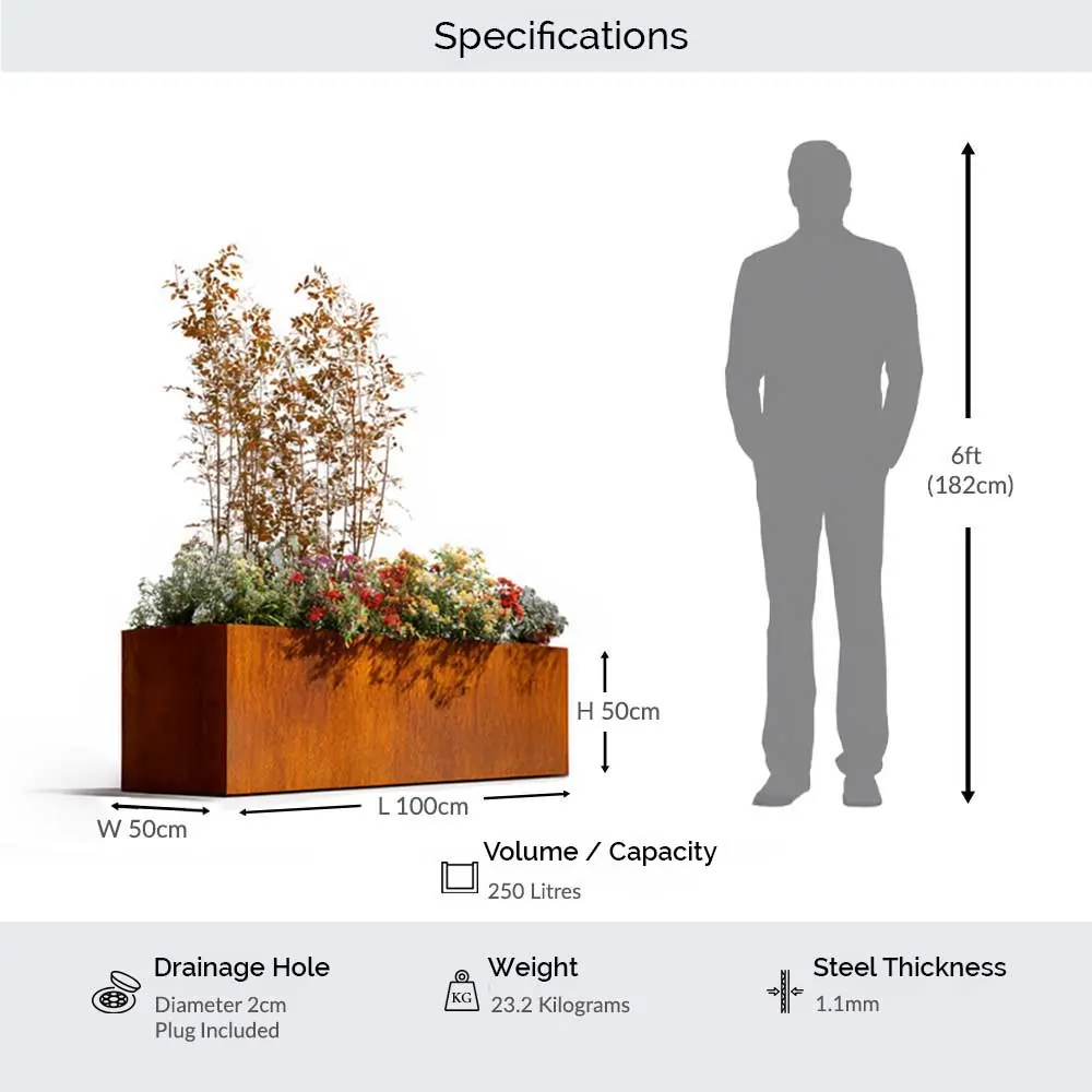 Pre-Rusted Corten Steel Straight Edge Long Trough Planter with Feet - Image 23