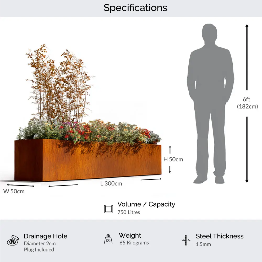 Pre-Rusted Corten Steel Straight Edge Long Trough Planter with Feet - Image 3