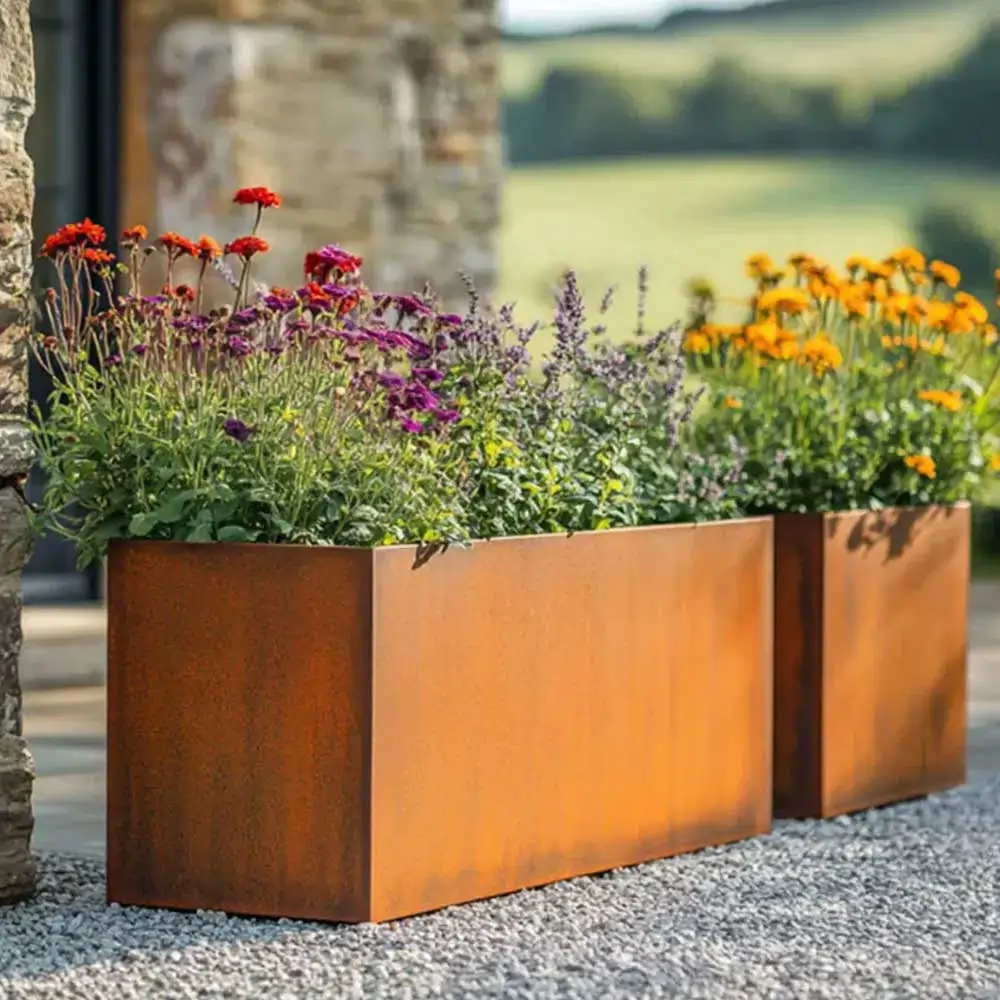 Pre-Rusted Corten Steel Straight Edge Long Trough Planter with Feet - Image 33