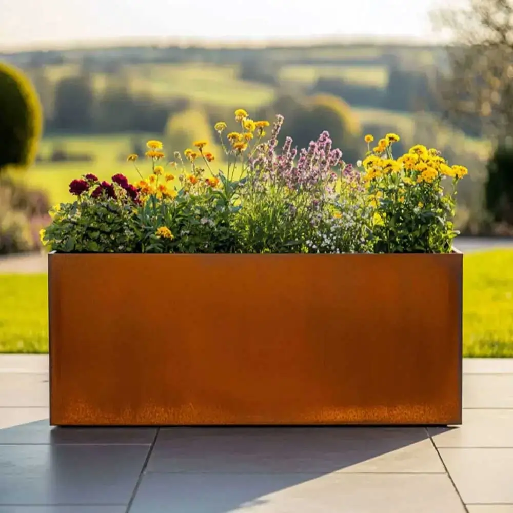 Pre-Rusted Corten Steel Straight Edge Long Trough Planter with Feet - Image 34