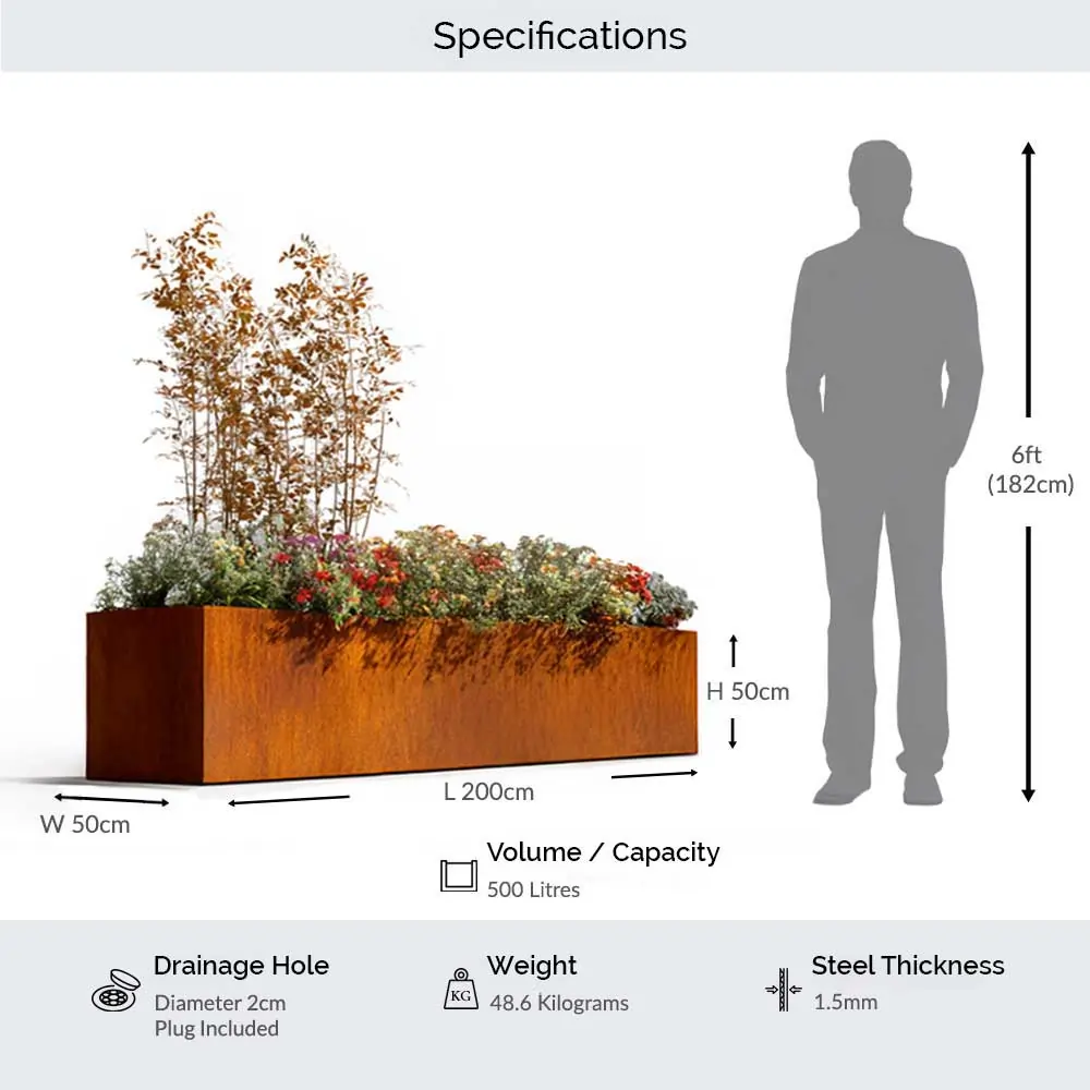 Pre-Rusted Corten Steel Straight Edge Long Trough Planter with Feet - Image 5