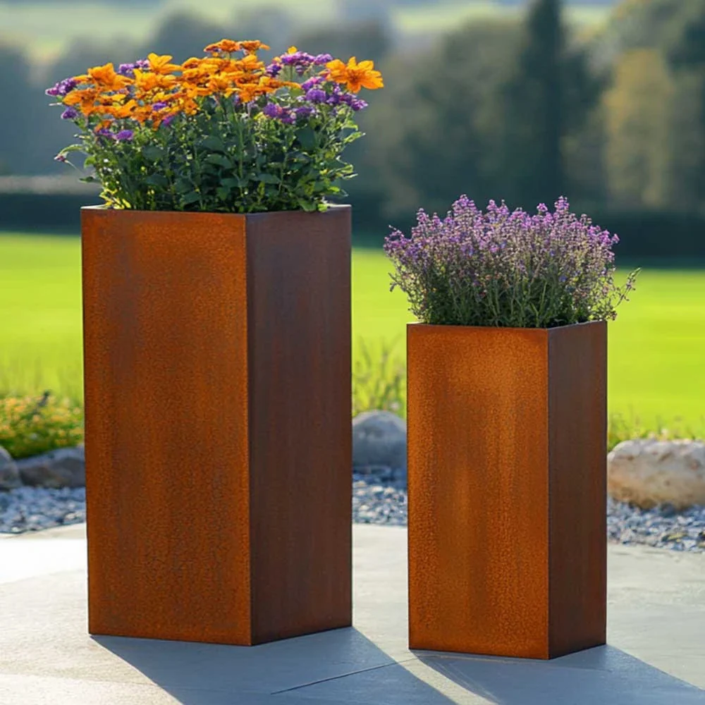 Pre-Rusted Corten Steel Straight Edge Tall Square Planter with Feet - Image 2