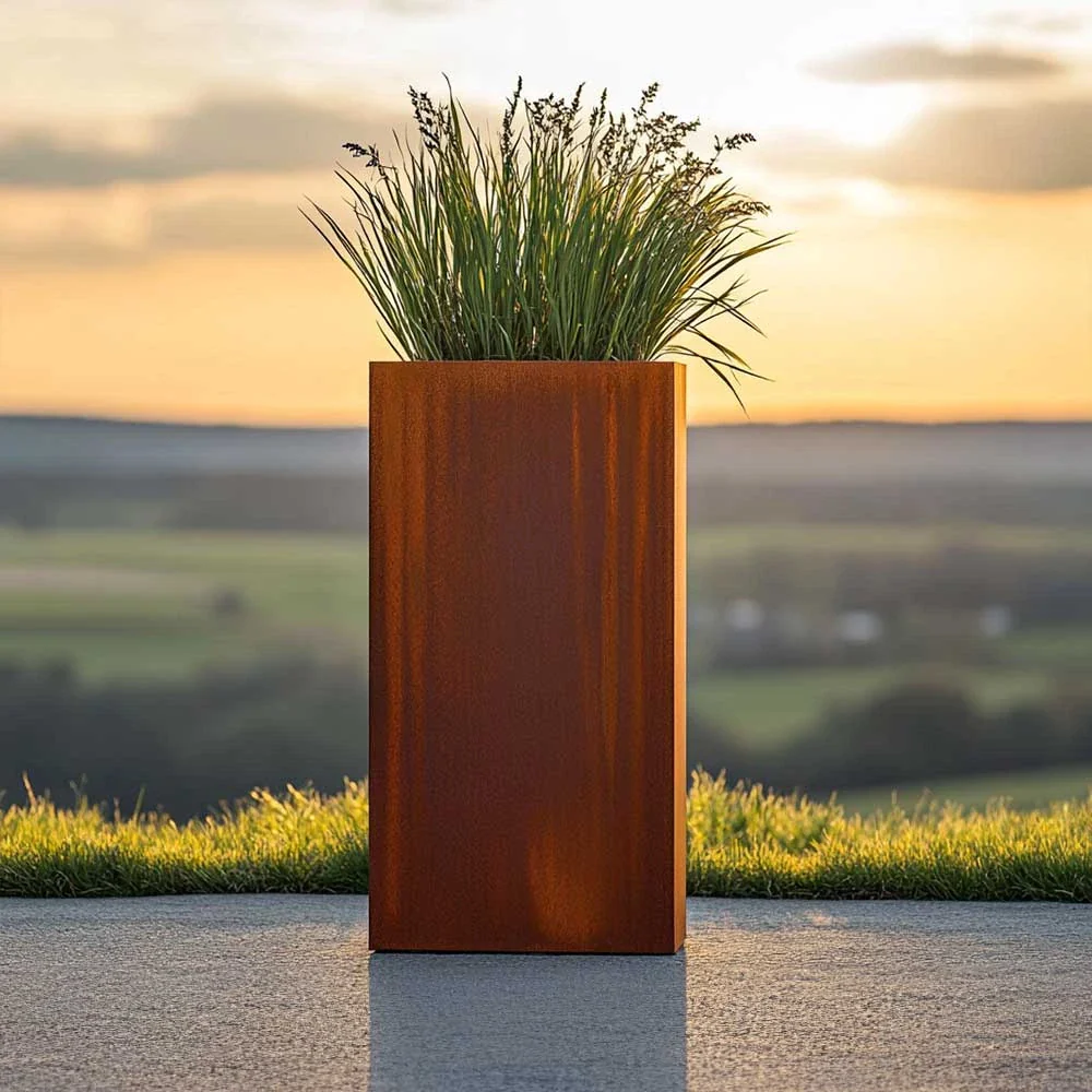 Pre-Rusted Corten Steel Straight Edge Tall Square Planter with Feet - Image 3