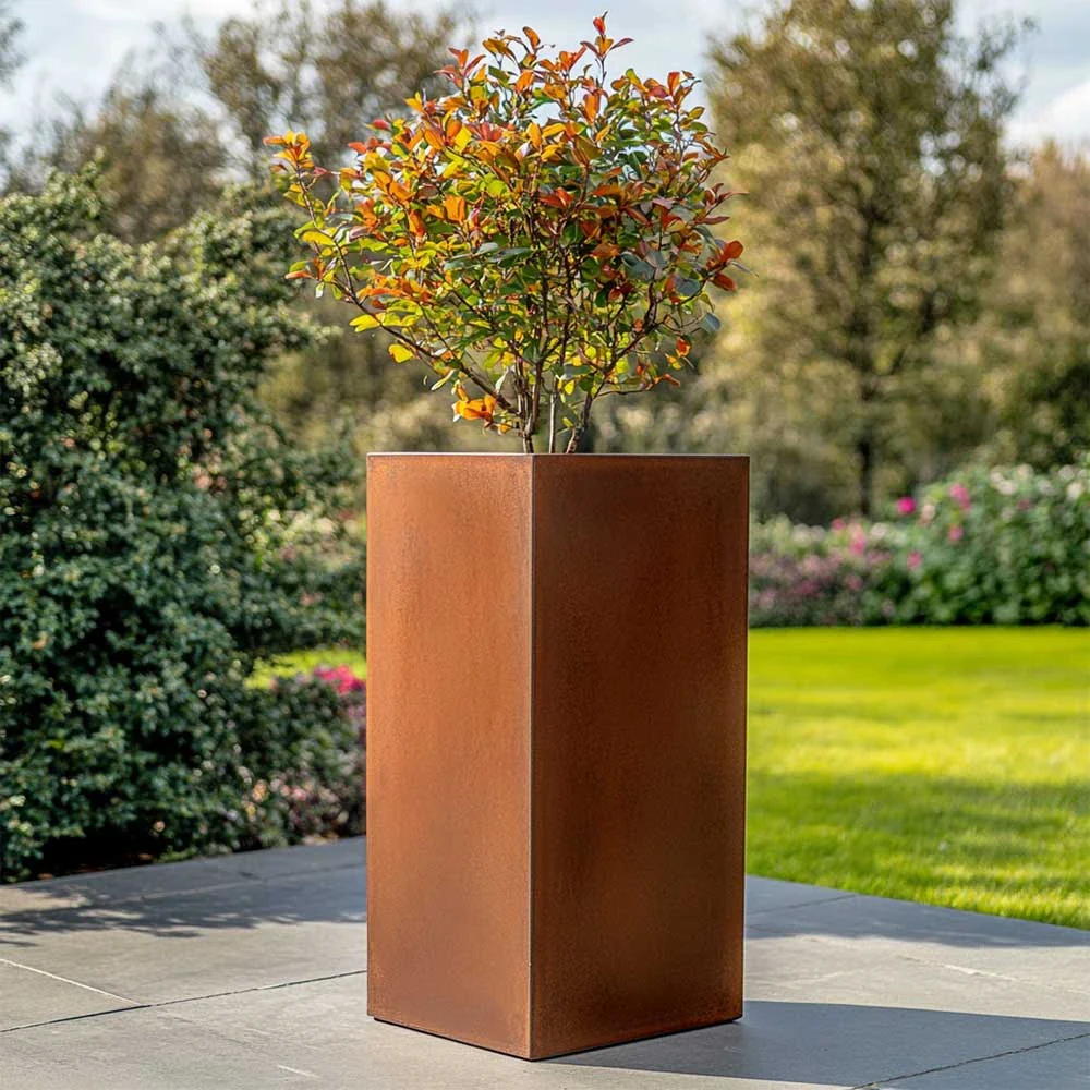 Pre-Rusted Corten Steel Straight Edge Tall Square Planter with Feet - Image 4