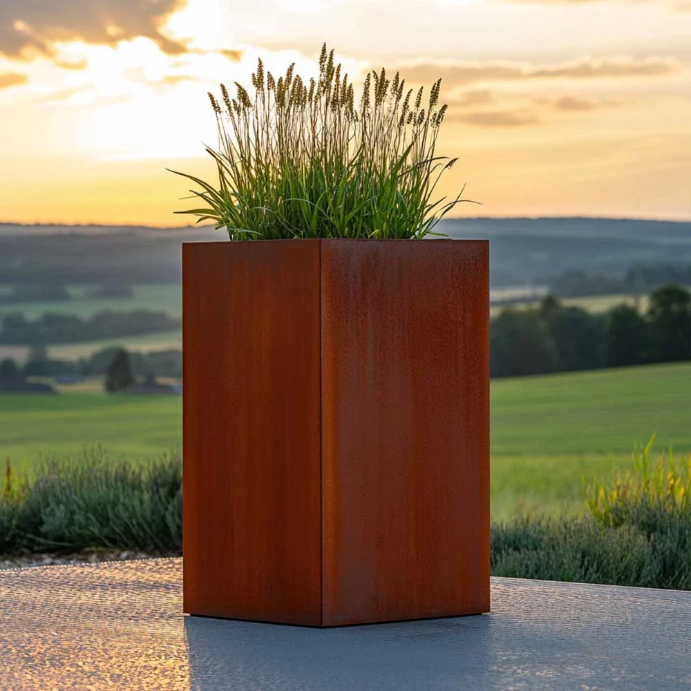 Pre-Rusted Corten Steel Straight Edge Tall Square Planter with Feet - Image 5