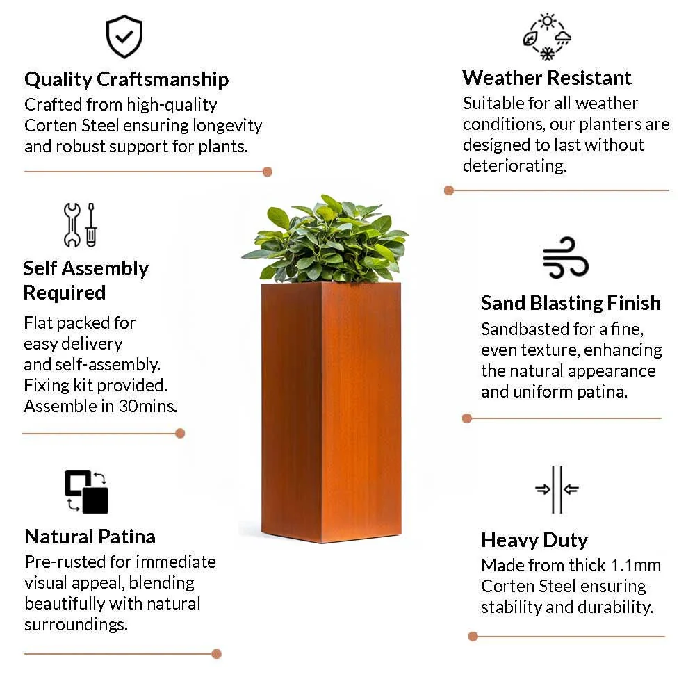 Pre-Rusted Corten Steel Straight Edge Tall Square Planter with Feet - Image 9