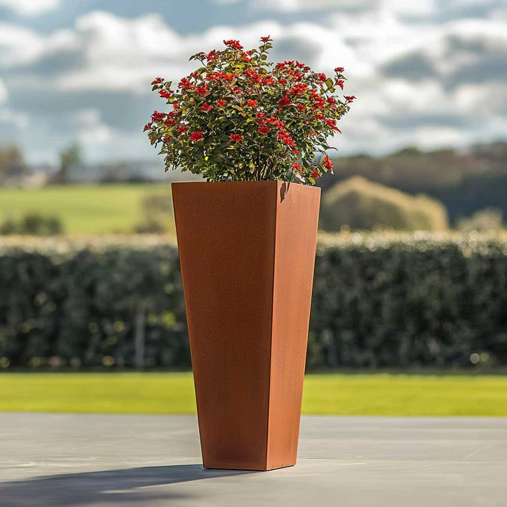 Pre-Rusted Corten Steel Straight Edge Tall Tapered Square Planter with Feet