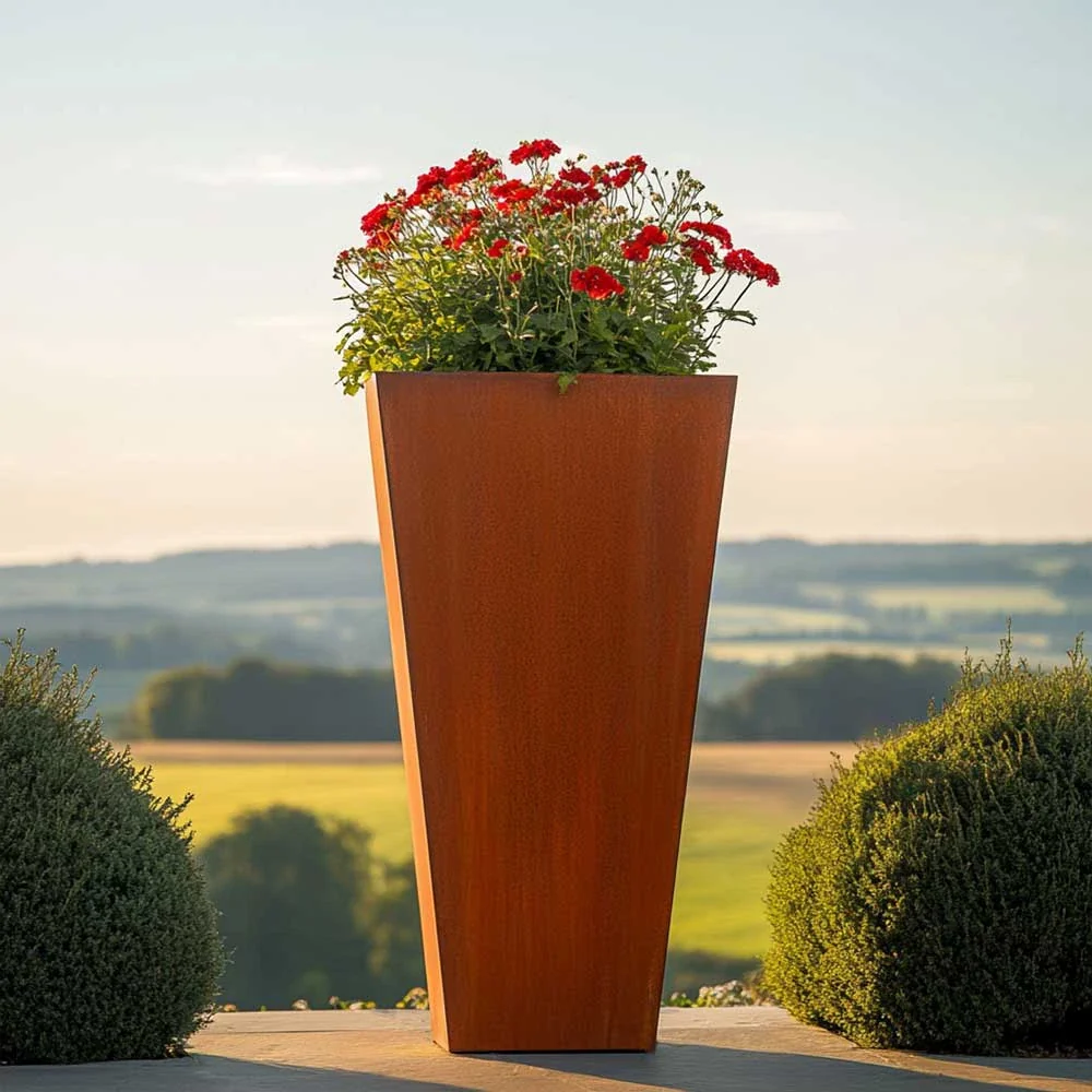 Pre-Rusted Corten Steel Straight Edge Tall Tapered Square Planter with Feet - Image 2