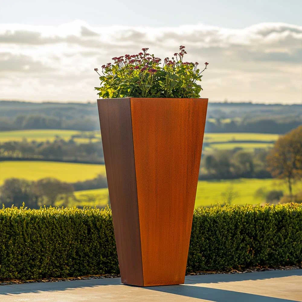 Pre-Rusted Corten Steel Straight Edge Tall Tapered Square Planter with Feet - Image 4