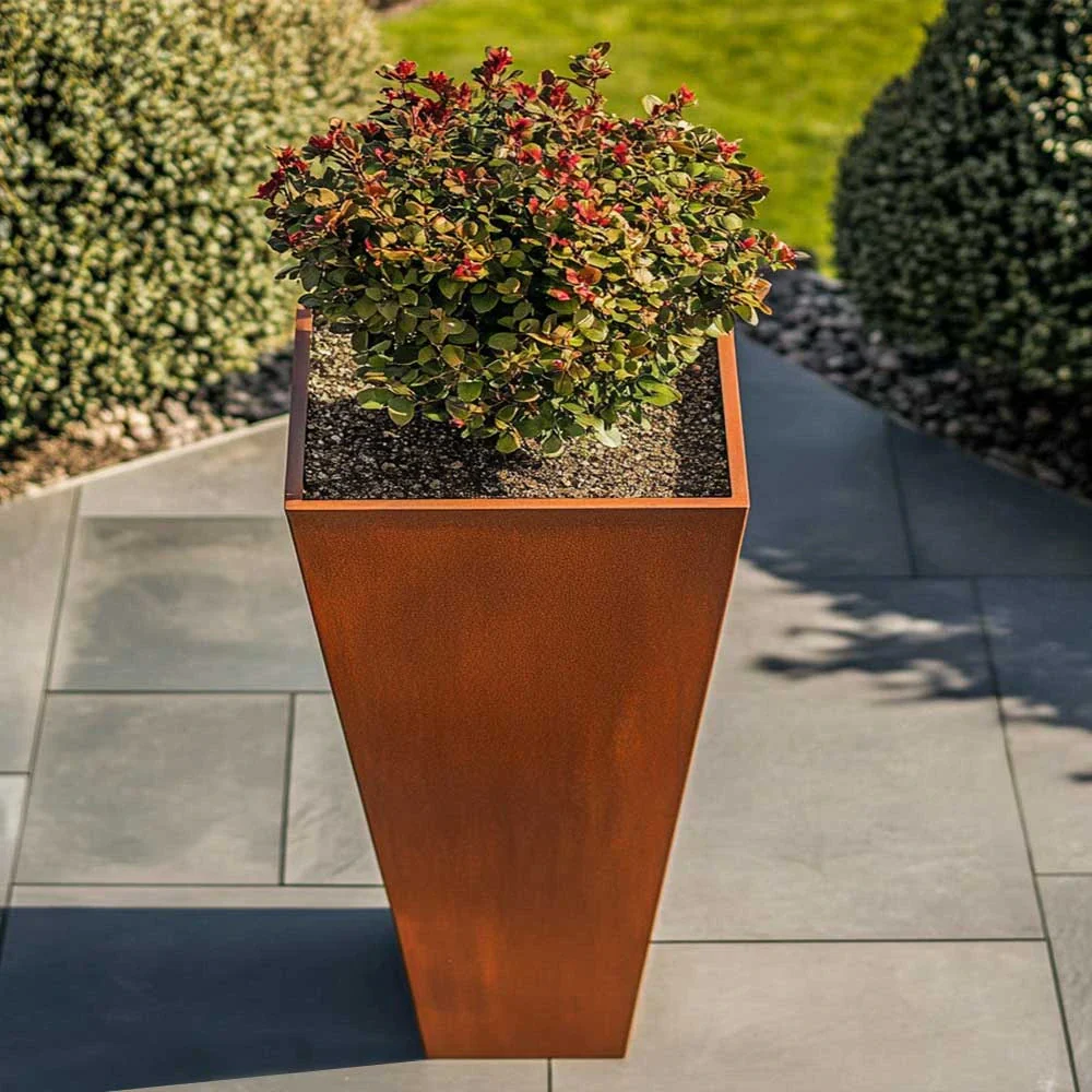 Pre-Rusted Corten Steel Straight Edge Tall Tapered Square Planter with Feet - Image 6