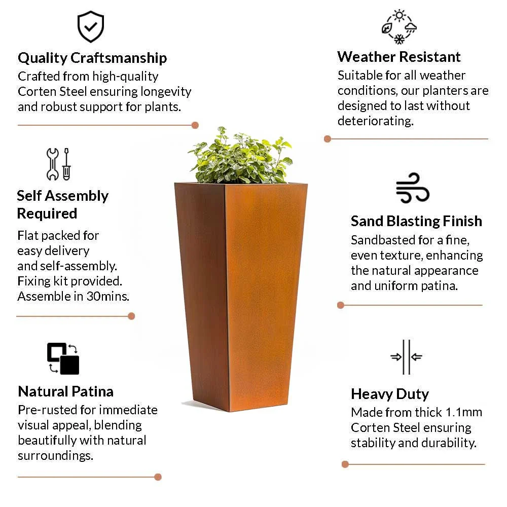 Pre-Rusted Corten Steel Straight Edge Tall Tapered Square Planter with Feet - Image 7