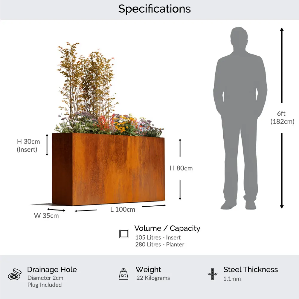 Pre-Rusted Corten Steel Straight Edge Tall Trough Planter with Feet - Image 15