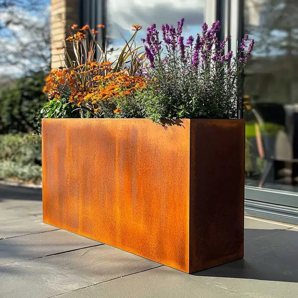 Pre-Rusted Corten Steel Straight Edge Tall Trough Planter with Feet - Image 2