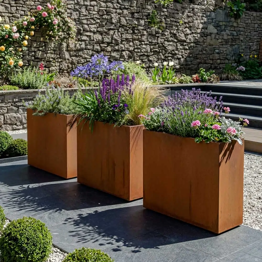 Pre-Rusted Corten Steel Straight Edge Tall Trough Planter with Feet - Image 20