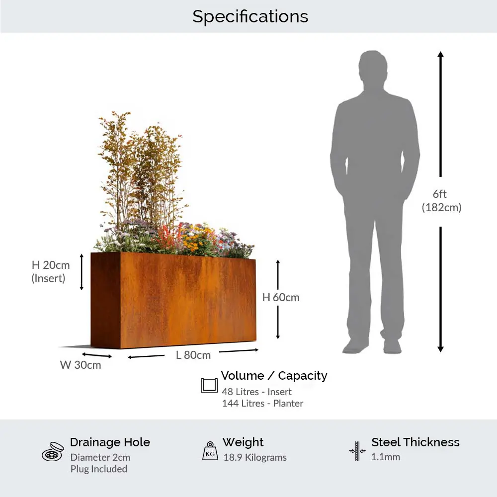 Pre-Rusted Corten Steel Straight Edge Tall Trough Planter with Feet - Image 3