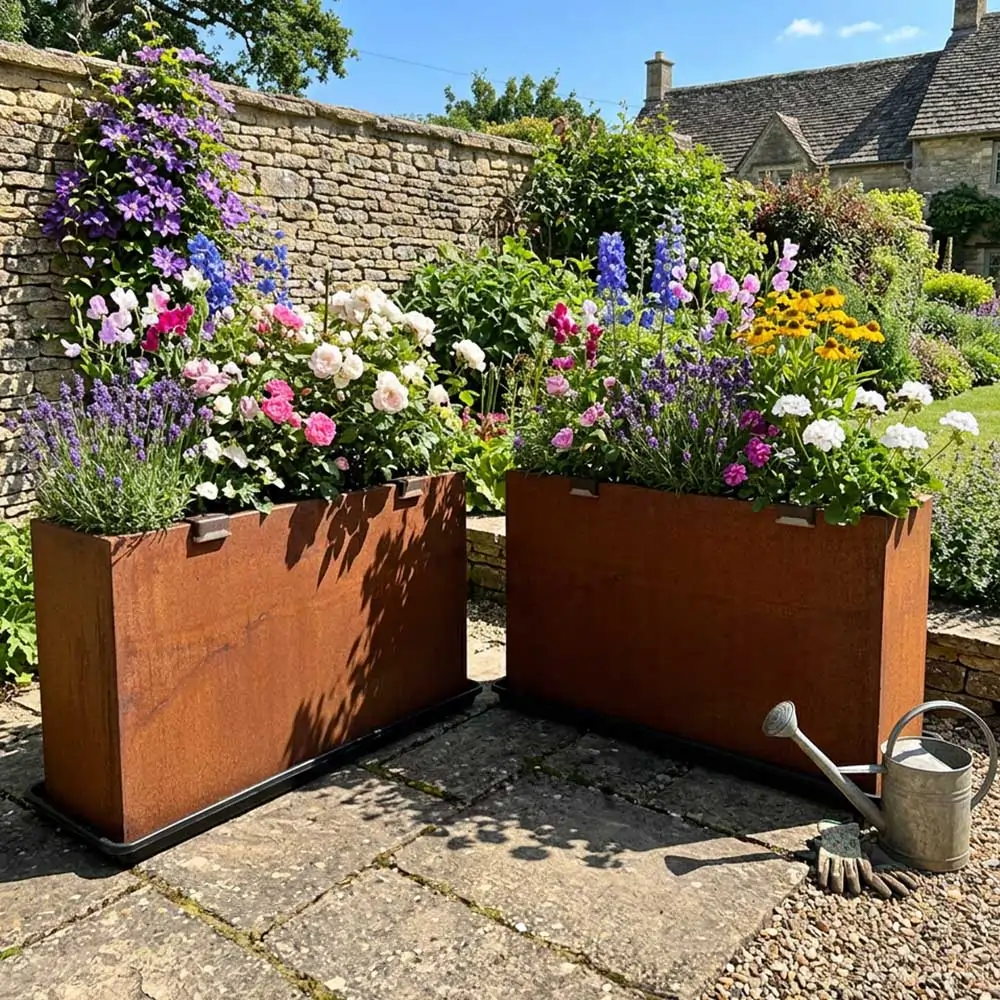 Pre-Rusted Corten Steel Straight Edge Tall Trough Planter with Feet - Image 37